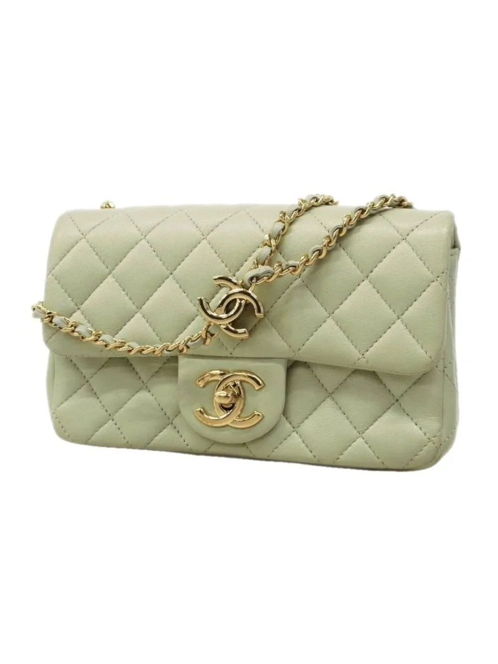 Chanel Shoulder Bag Mini Quilted Lambskin Green Champagne Gold